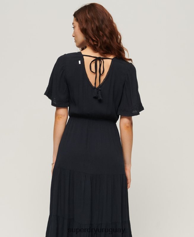 uy Superdry mujer vestido midi con capas bordadas Armada DT2N8Z2236 ropa