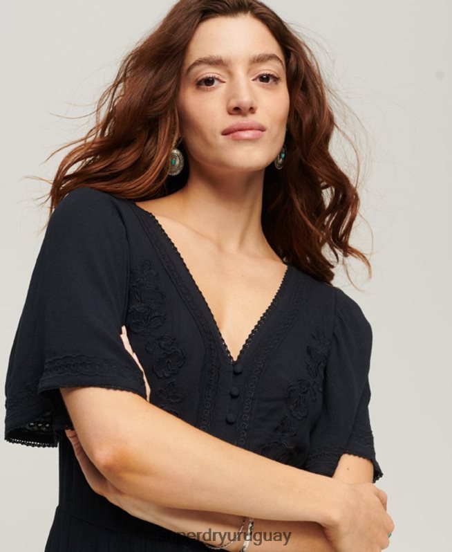 uy Superdry mujer vestido midi con capas bordadas Armada DT2N8Z2236 ropa