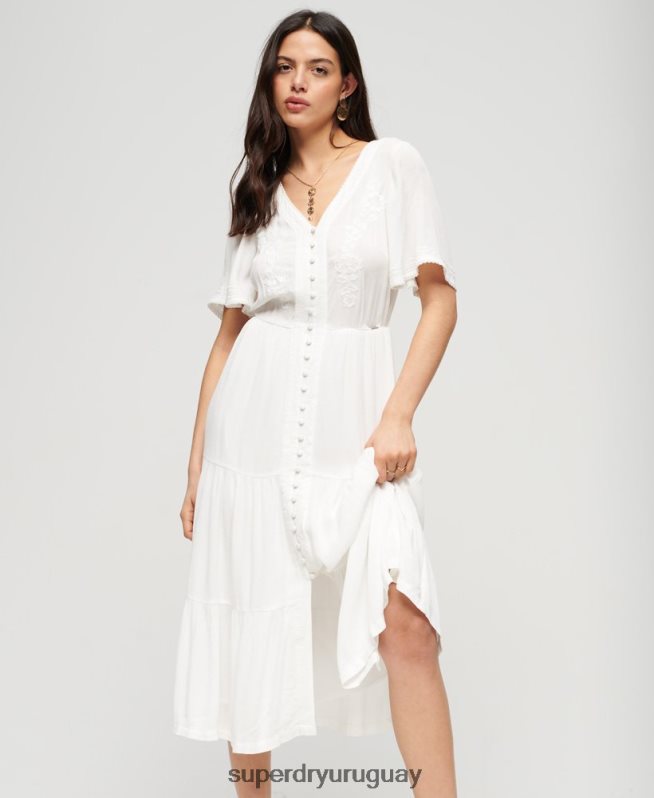 uy Superdry mujer vestido midi con capas bordadas blanco DT2N8Z1985 ropa