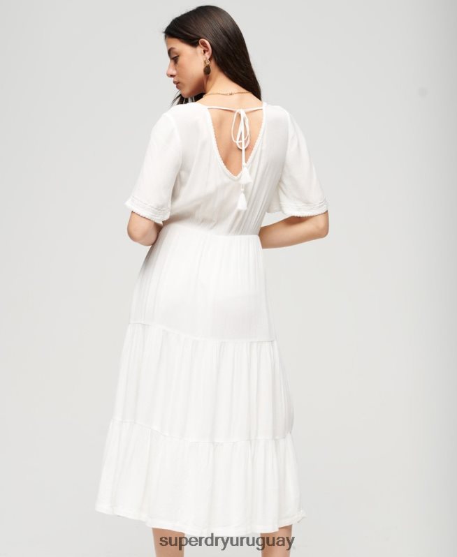 uy Superdry mujer vestido midi con capas bordadas blanco DT2N8Z1985 ropa