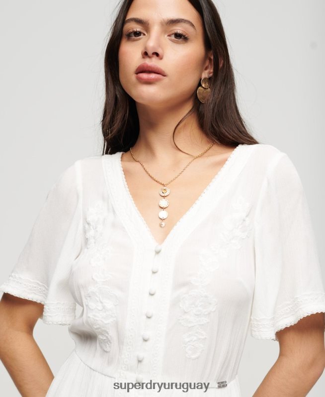 uy Superdry mujer vestido midi con capas bordadas blanco DT2N8Z1985 ropa