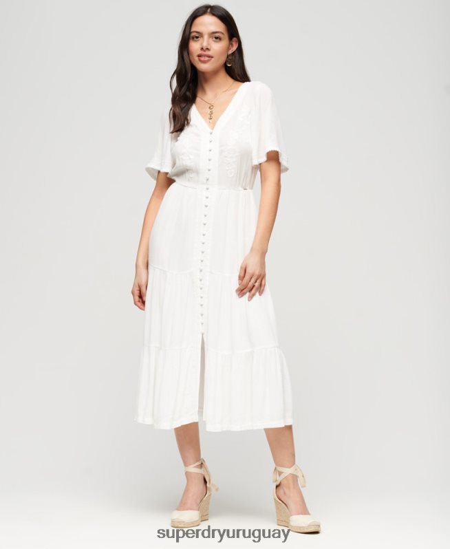 uy Superdry mujer vestido midi con capas bordadas blanco DT2N8Z1985 ropa