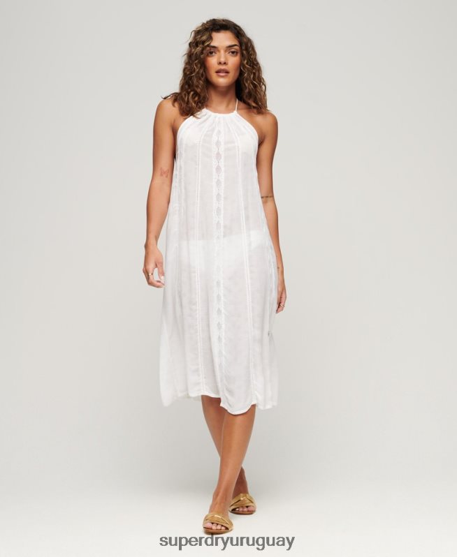 uy Superdry mujer vestido midi con cuello halter blanco DT2N8Z2069 ropa
