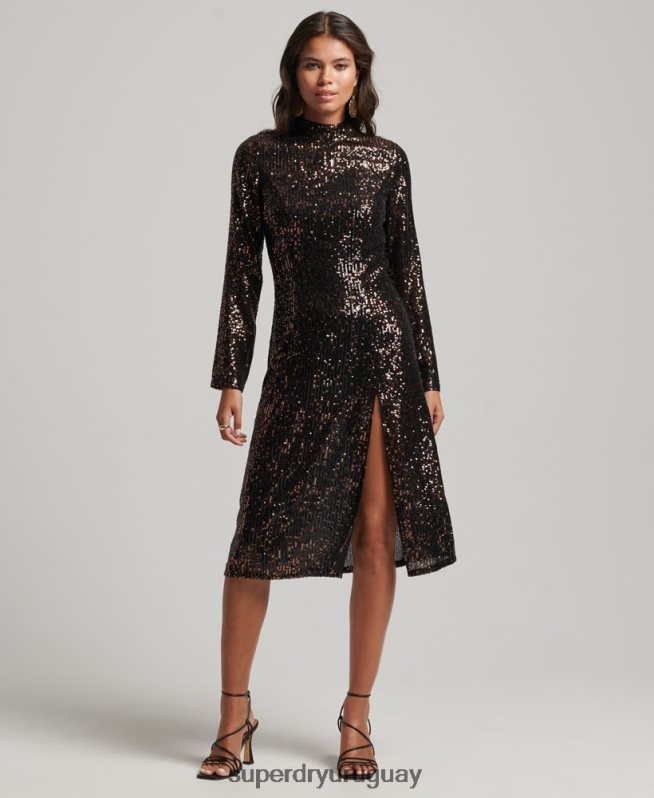 uy Superdry mujer vestido midi con espalda descubierta y lentejuelas negro DT2N8Z2503 ropa