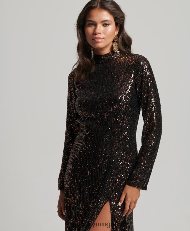 uy Superdry mujer vestido midi con espalda descubierta y lentejuelas negro DT2N8Z2503 ropa
