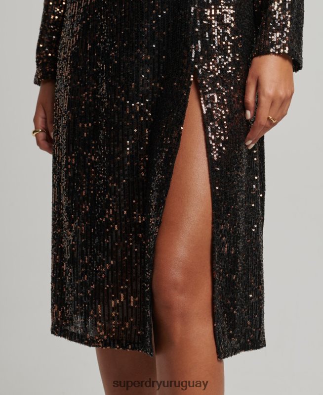 uy Superdry mujer vestido midi con espalda descubierta y lentejuelas negro DT2N8Z2503 ropa