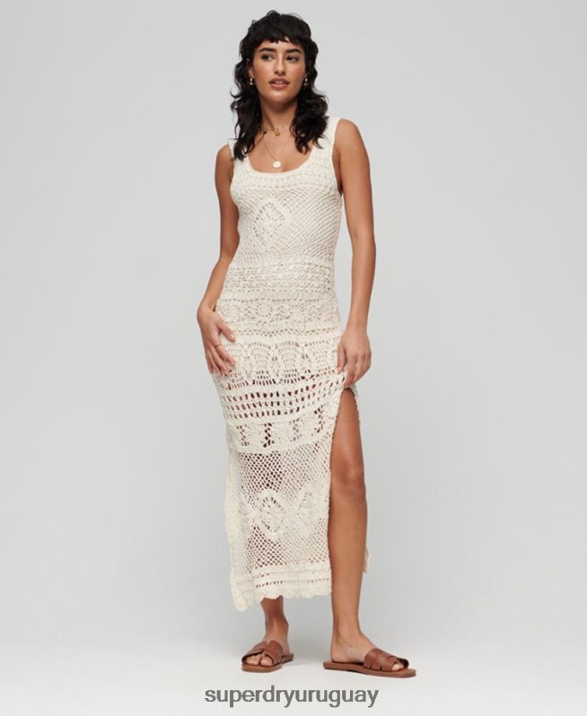 uy Superdry mujer vestido midi de crochet sin mangas crema DT2N8Z2425 ropa