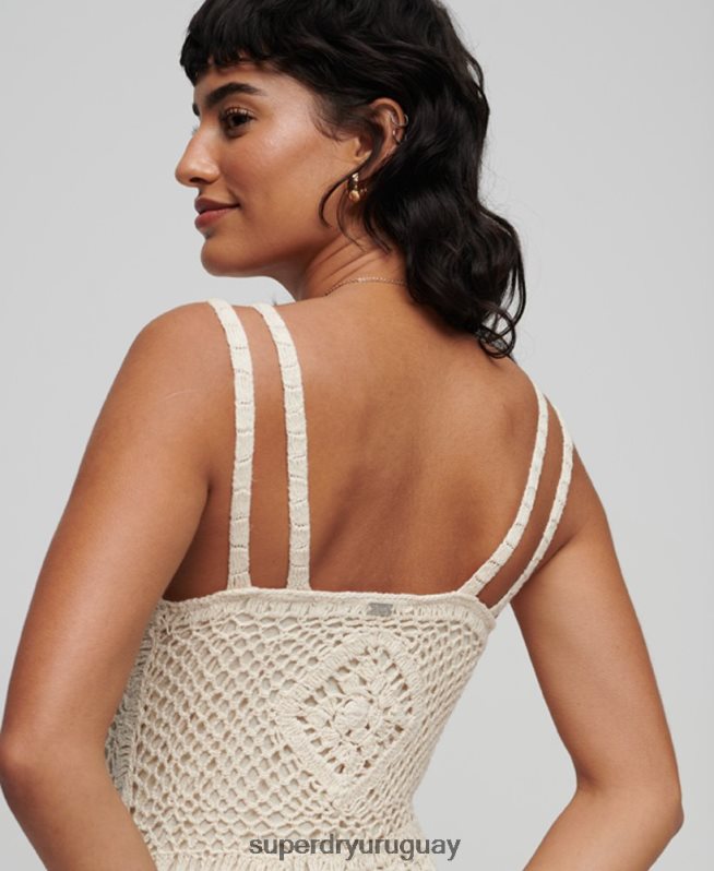 uy Superdry mujer vestido midi de crochet sin mangas crema DT2N8Z2425 ropa