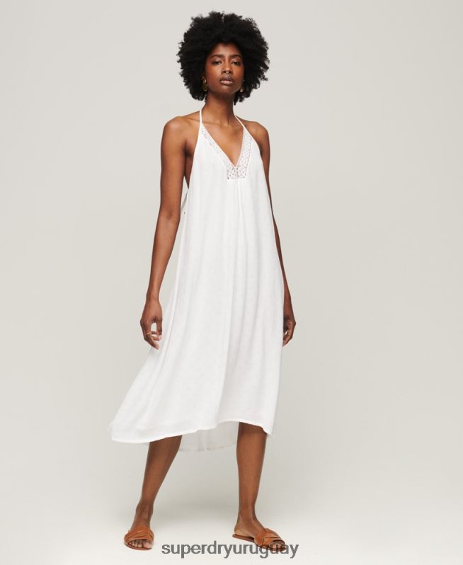 uy Superdry mujer vestido midi de encaje con cuello halter blanco DT2N8Z2073 ropa