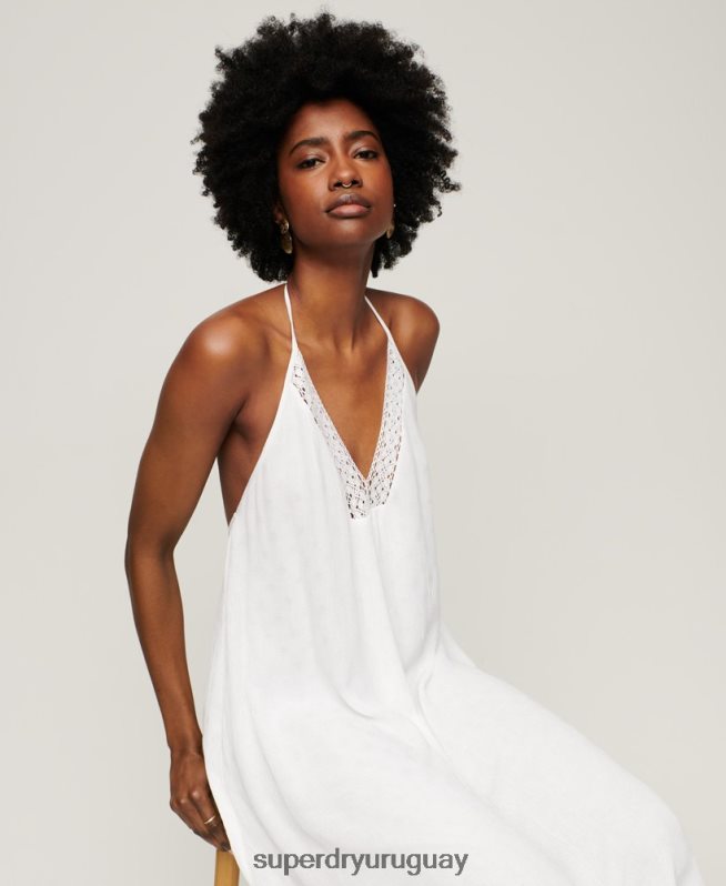 uy Superdry mujer vestido midi de encaje con cuello halter blanco DT2N8Z2073 ropa