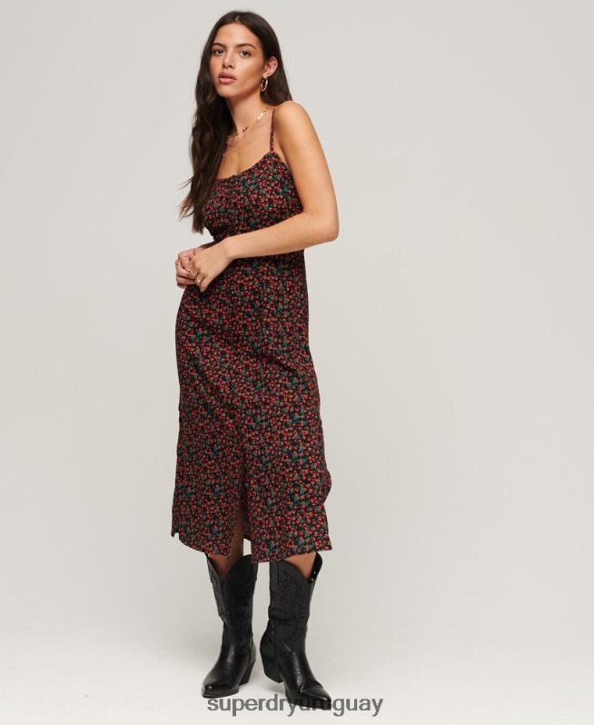 uy Superdry mujer vestido midi de tirantes con botones estampados negro DT2N8Z1987 ropa