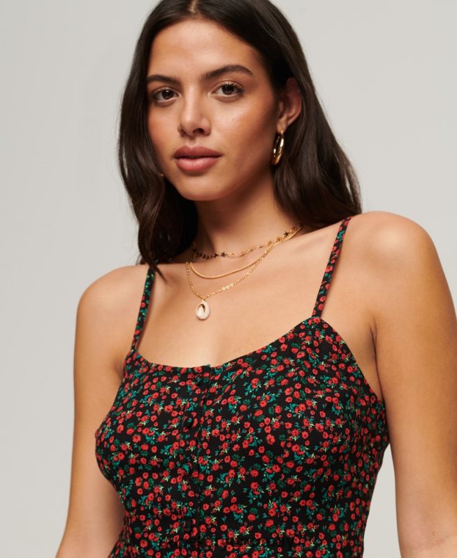 uy Superdry mujer vestido midi de tirantes con botones estampados negro DT2N8Z1987 ropa