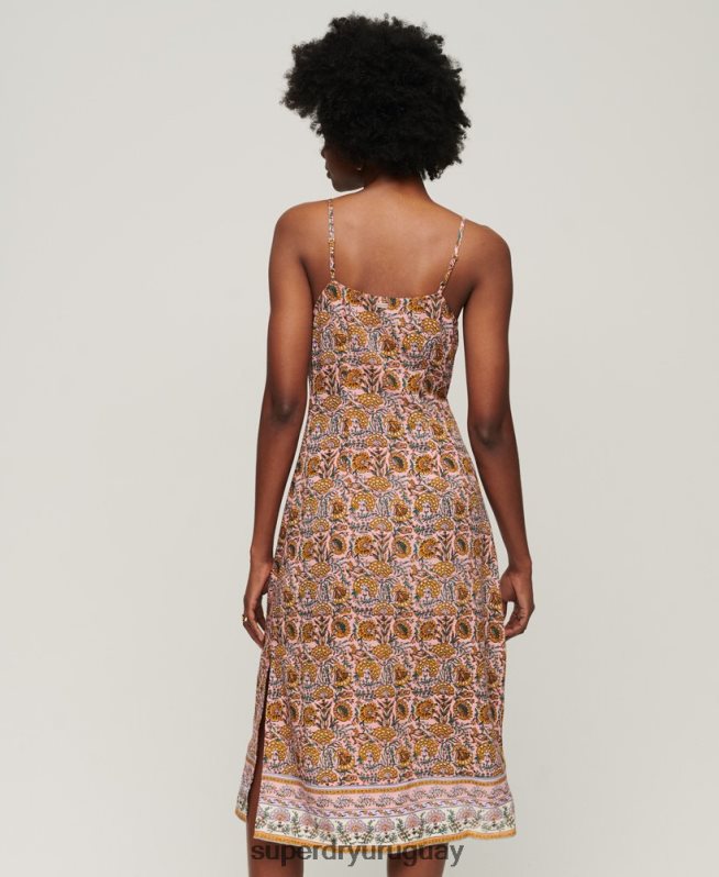 uy Superdry mujer vestido midi de tirantes con botones estampados rosa DT2N8Z2009 ropa