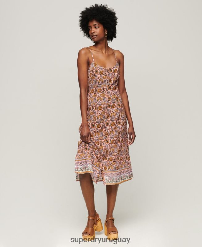 uy Superdry mujer vestido midi de tirantes con botones estampados rosa DT2N8Z2009 ropa