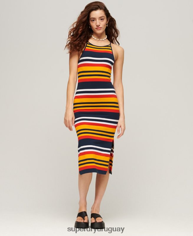 uy Superdry mujer vestido midi de tirantes con rayas amarillo DT2N8Z1984 ropa