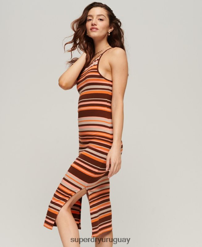 uy Superdry mujer vestido midi de tirantes con rayas marrón DT2N8Z2046 ropa
