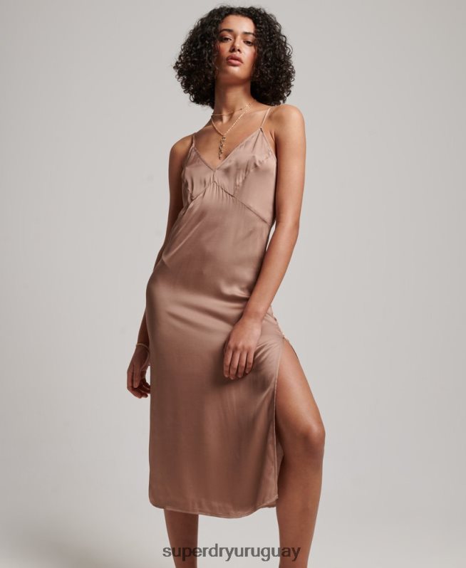 uy Superdry mujer vestido midi de tirantes de satén marrón DT2N8Z2377 ropa