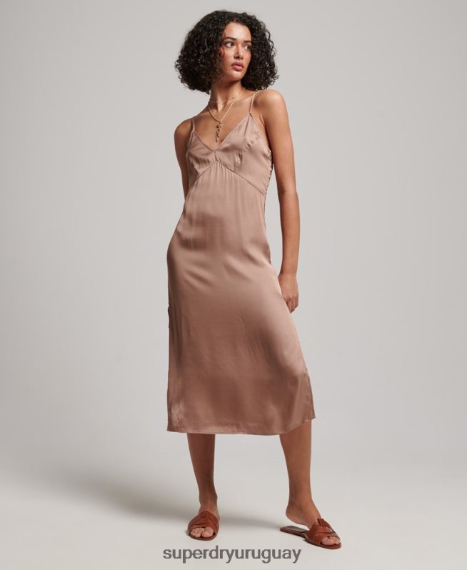 uy Superdry mujer vestido midi de tirantes de satén marrón DT2N8Z2377 ropa