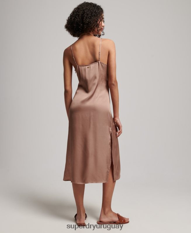 uy Superdry mujer vestido midi de tirantes de satén marrón DT2N8Z2377 ropa