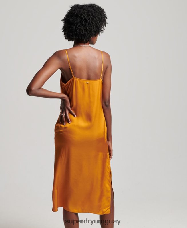 uy Superdry mujer vestido midi de tirantes de satén naranja DT2N8Z2500 ropa