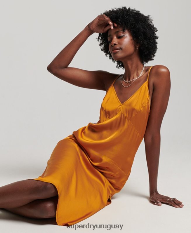 uy Superdry mujer vestido midi de tirantes de satén naranja DT2N8Z2500 ropa