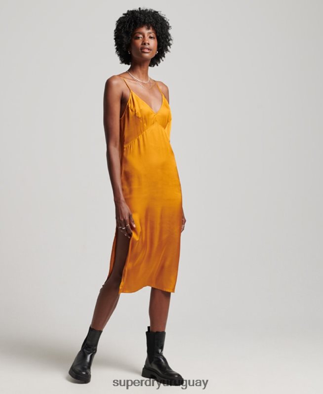 uy Superdry mujer vestido midi de tirantes de satén naranja DT2N8Z2500 ropa