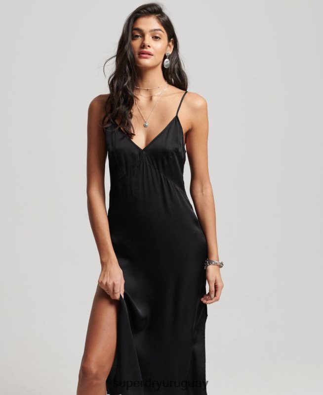 uy Superdry mujer vestido midi de tirantes de satén negro DT2N8Z2165 ropa