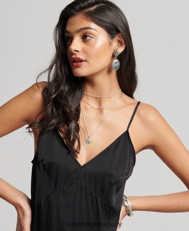 uy Superdry mujer vestido midi de tirantes de satén negro DT2N8Z2165 ropa