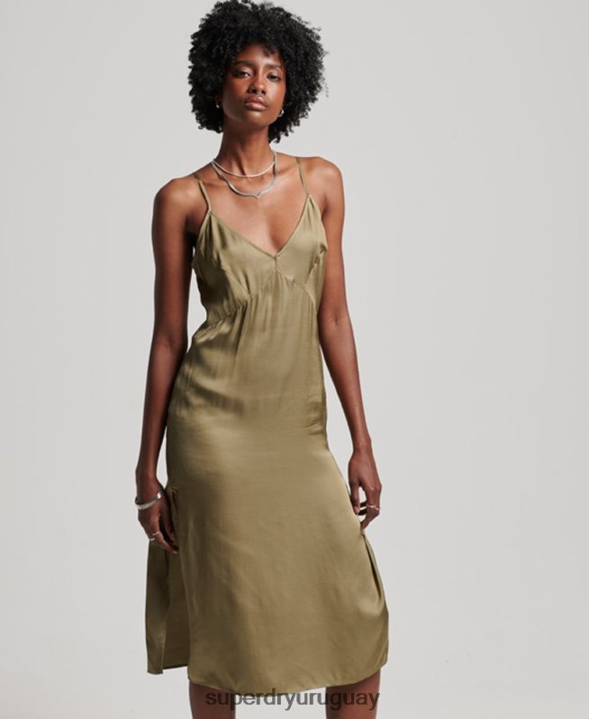 uy Superdry mujer vestido midi de tirantes de satén verde DT2N8Z2394 ropa
