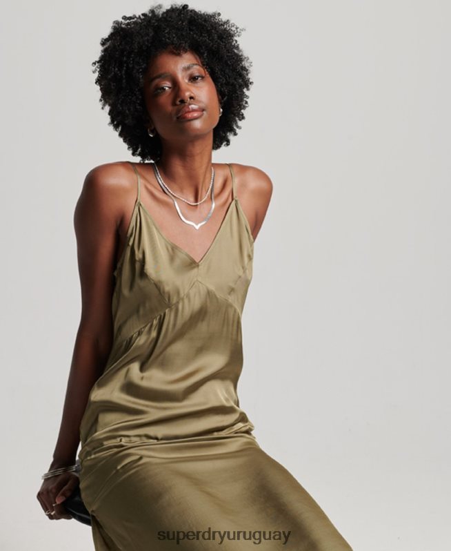 uy Superdry mujer vestido midi de tirantes de satén verde DT2N8Z2394 ropa