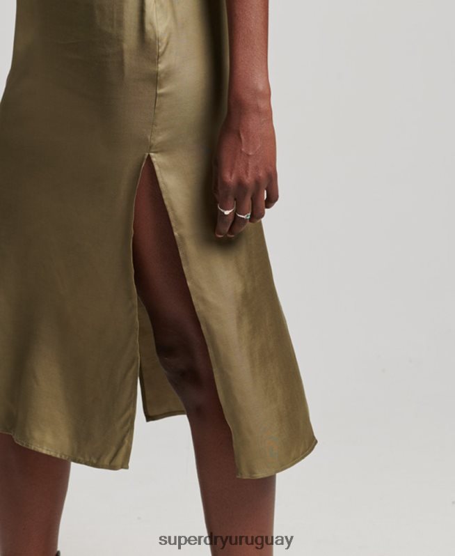 uy Superdry mujer vestido midi de tirantes de satén verde DT2N8Z2394 ropa