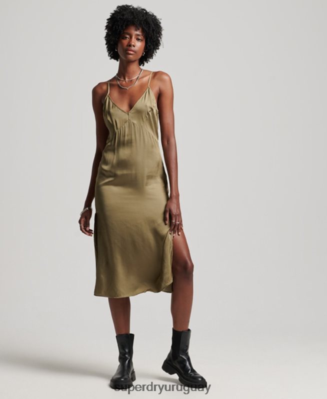 uy Superdry mujer vestido midi de tirantes de satén verde DT2N8Z2394 ropa