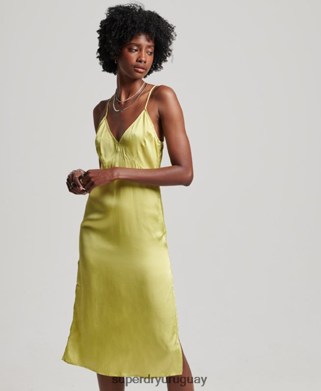 uy Superdry mujer vestido midi de tirantes de satén verde DT2N8Z2492 ropa