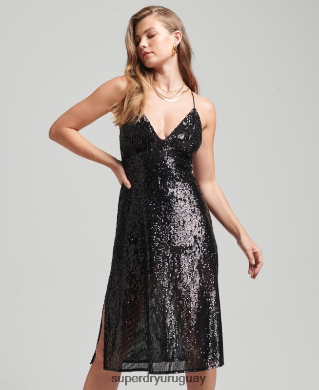 uy Superdry mujer vestido midi escotado con lentejuelas negro DT2N8Z2450 ropa