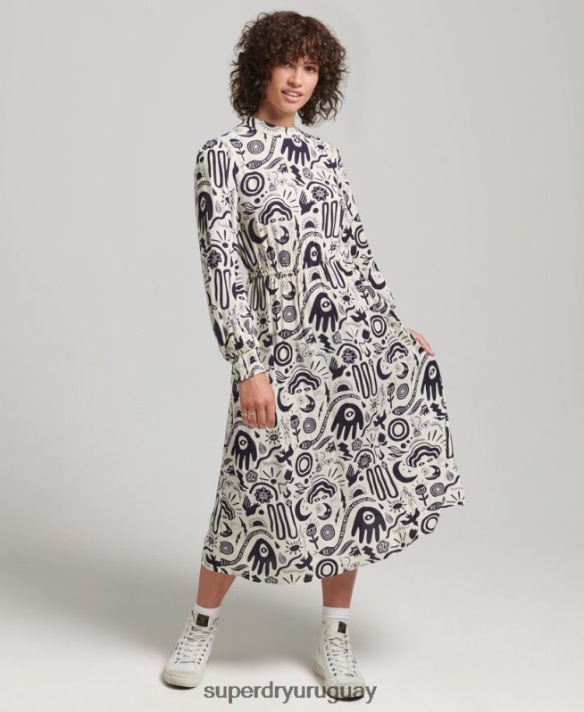 uy Superdry mujer vestido midi estampado de manga larga crema DT2N8Z6707 ropa