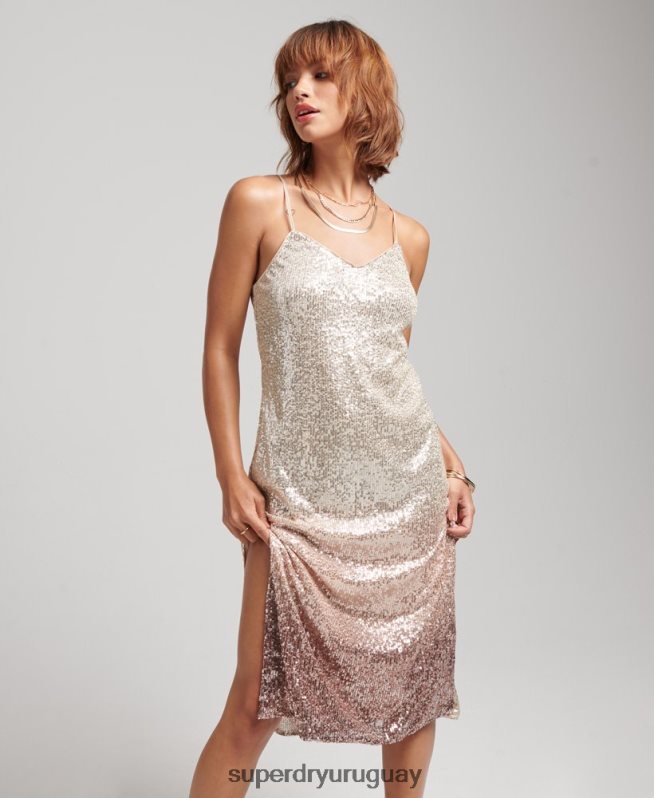 uy Superdry mujer vestido midi lencero con lentejuelas sombreadas crema DT2N8Z2448 ropa