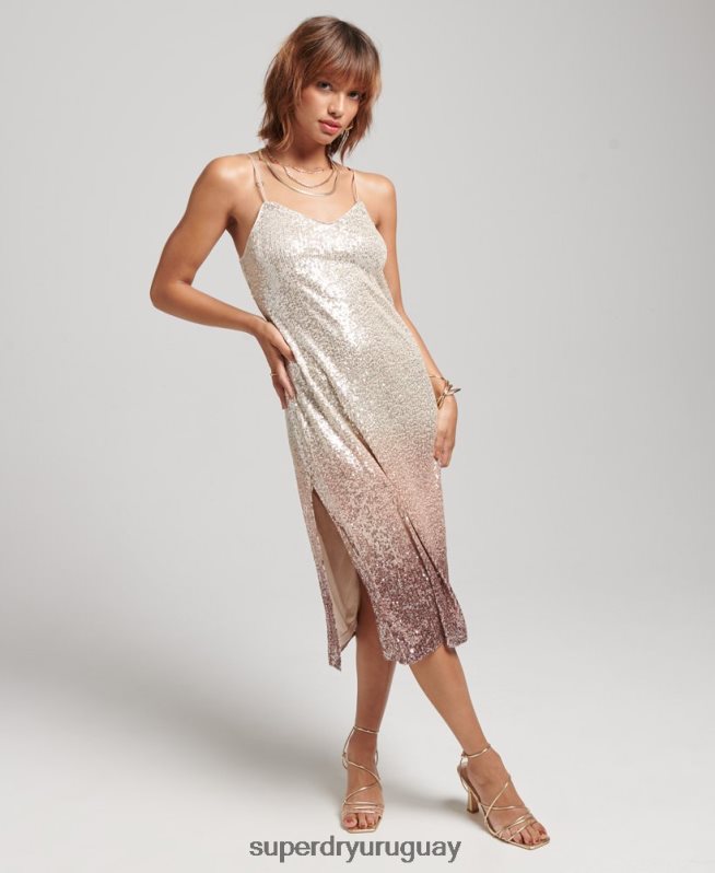 uy Superdry mujer vestido midi lencero con lentejuelas sombreadas crema DT2N8Z2448 ropa