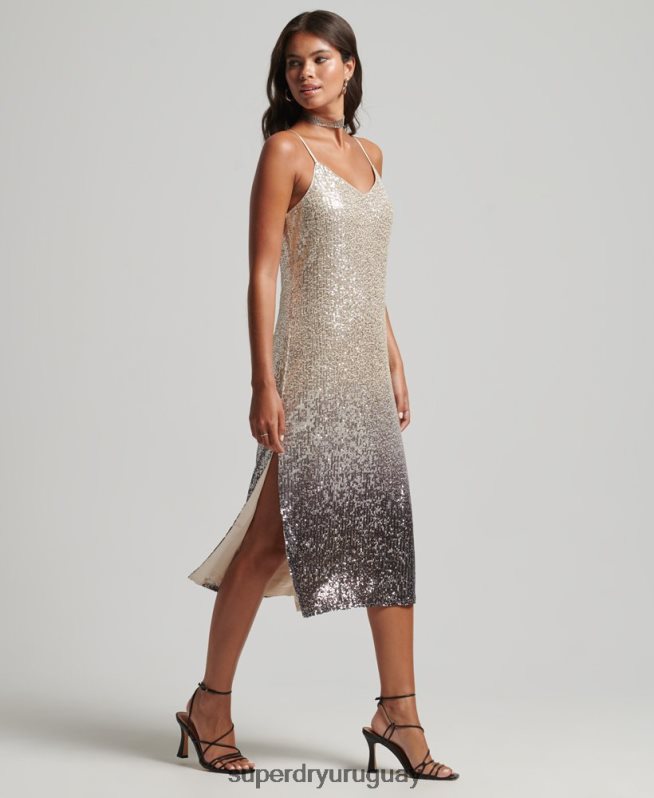 uy Superdry mujer vestido midi lencero con lentejuelas sombreadas plata DT2N8Z2428 ropa