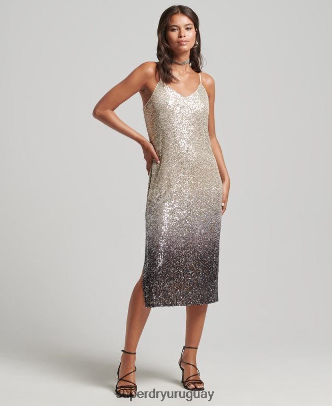 uy Superdry mujer vestido midi lencero con lentejuelas sombreadas plata DT2N8Z2428 ropa