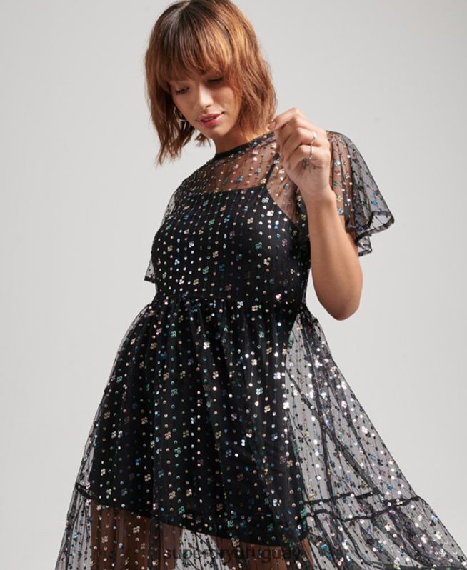 uy Superdry mujer vestido midi tejido con lentejuelas transparentes negro DT2N8Z2545 ropa