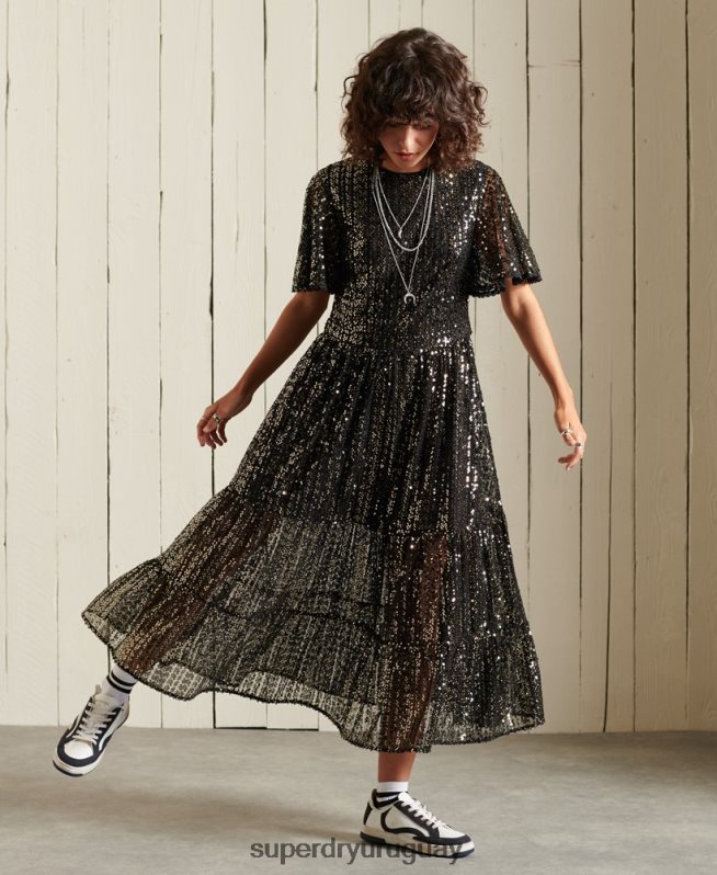 uy Superdry mujer vestido midi tejido de manga corta con lentejuelas negro DT2N8Z2523 ropa