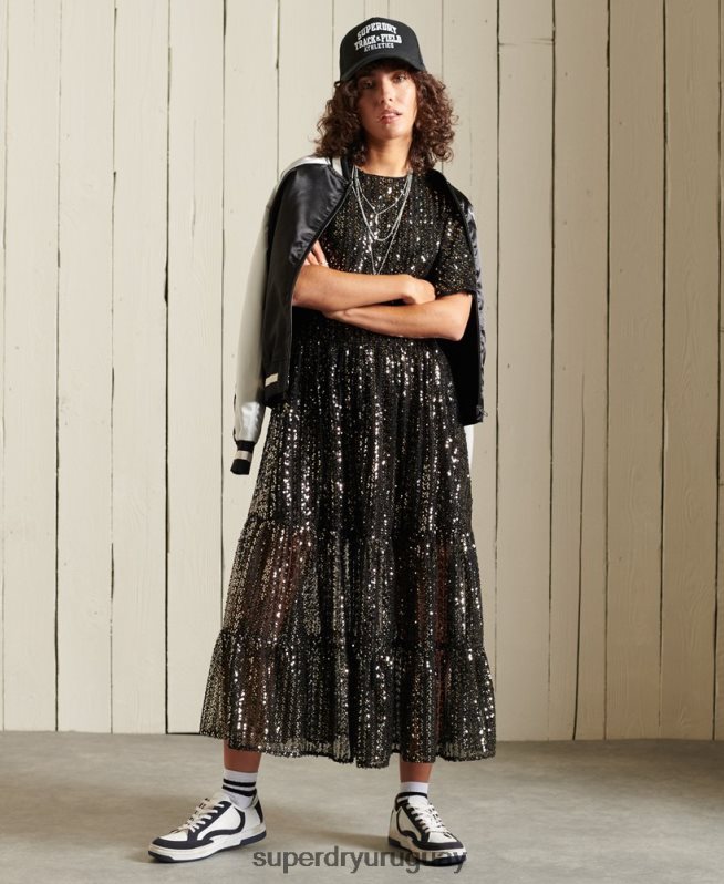 uy Superdry mujer vestido midi tejido de manga corta con lentejuelas negro DT2N8Z2523 ropa