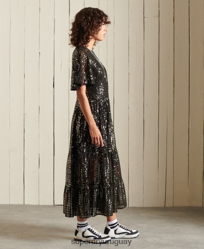uy Superdry mujer vestido midi tejido de manga corta con lentejuelas negro DT2N8Z2523 ropa