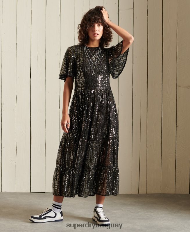 uy Superdry mujer vestido midi tejido de manga corta con lentejuelas negro DT2N8Z2523 ropa