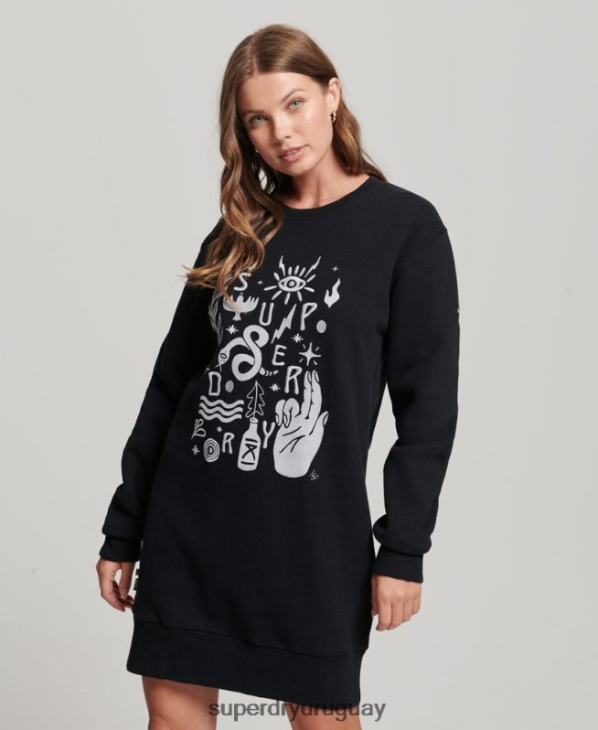 uy Superdry mujer vestido sudadera folk nómada negro DT2N8Z2542 ropa
