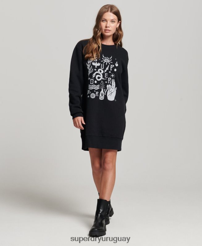 uy Superdry mujer vestido sudadera folk nómada negro DT2N8Z2542 ropa