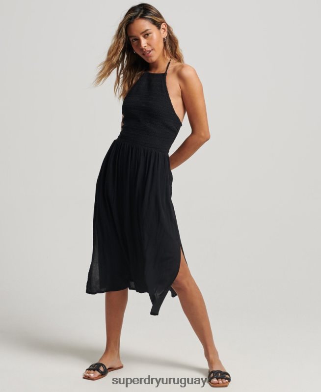 uy Superdry mujer vestido vintage con cuello halter y fruncido negro DT2N8Z2354 ropa