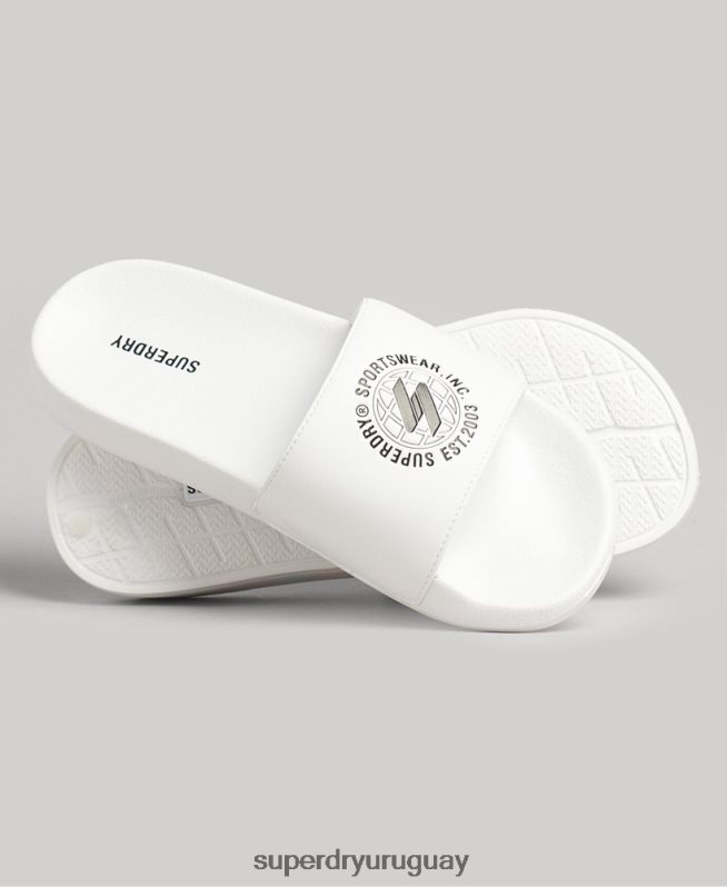uy Superdry mujer deslizadores de piscina con código impreso blanco DT2N8Z4407 zapatos