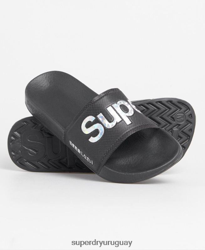 uy Superdry mujer deslizadores de piscina con relleno holográfico negro DT2N8Z6780 zapatos