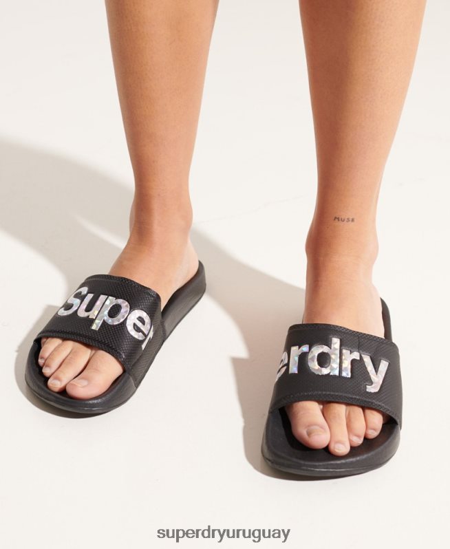 uy Superdry mujer deslizadores de piscina con relleno holográfico negro DT2N8Z6780 zapatos